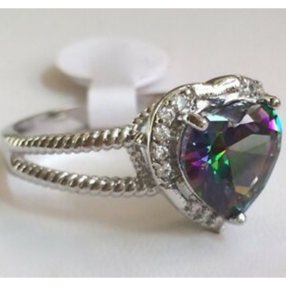 Silver Mystic Topaz Heart Cocktail Ring Size 10 11 12 13 Rhodium Plated - Picture 5 of 8